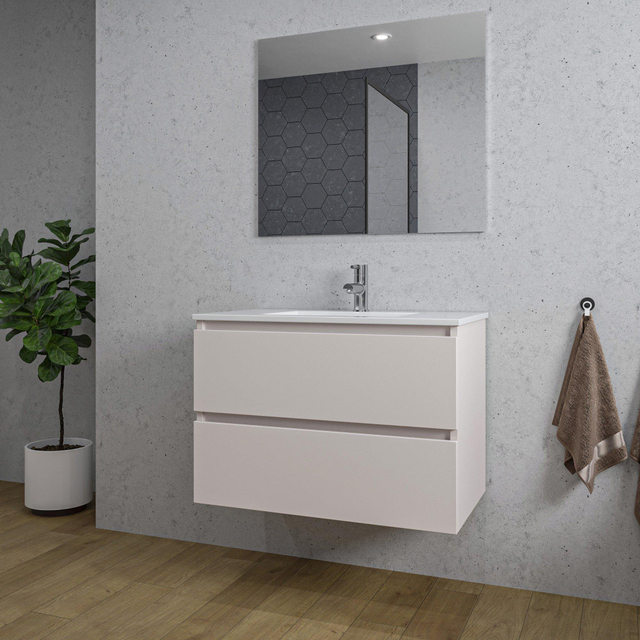 Adema Chaci Badkamermeubelset - 80x46x55cm - 1 keramische wasbak wit - 1 kraangat - 2 lades - rechthoekige spiegel - mat cotton (beige) SW1212765/SW804531/SW724611