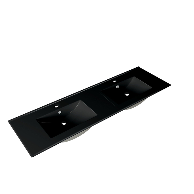 Adema Night meubelwastafel - 141x2x46cm - overloop - 2 wasbakken - 2 kraangaten - keramiek - mat zwart 2120 EE Double Matt Black