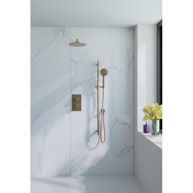 Fortifura Calvi Inbouw Regendoucheset - thermostatisch - wandarm - glijstang - 30cm hoofddouche - ronde handdouche - metalen doucheslang - geborsteld Messing PVD (Goud) SW706206/SW1139122/SW720562/SW7