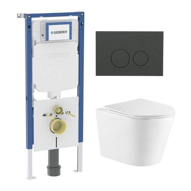Geberit QeramiQ Dely Toiletset - 36.3x51.7cm - diepspoel - rimless -  UP720 inbouwreservoir - softclose toiletzitting - bedieningsplaat mat antraciet - ronde knoppen - wit mat SW1026254/SW1237202/SW110