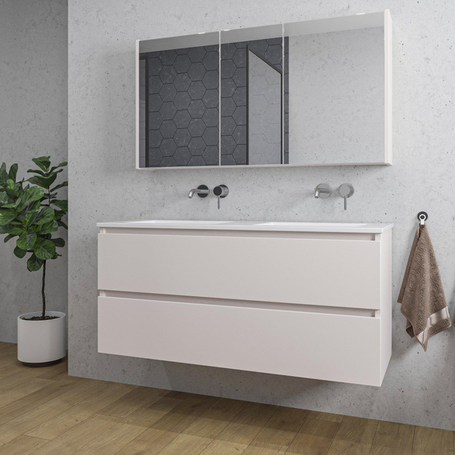 Adema Chaci Badkamermeubelset - 120x46x57cm - 2 keramische wasbakken wit - zonder kraangaten - 2 lades - Spiegelkast - mat cotton (beige) SW1212783/SW1212818/SW892634/SW773928
