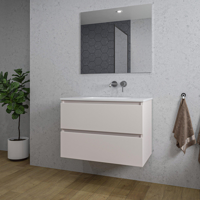 Adema Chaci Badkamermeubelset - 80x46x55cm - 1 keramische wasbak wit - zonder kraangaten - 2 lades - rechthoekige spiegel - mat cotton (beige) SW1212765/SW773926/SW724611