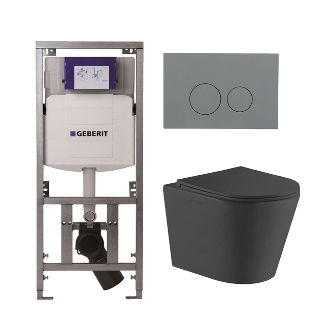 QeramiQ Dely Toiletset - 36.3x51.7cm - diepspoel - rimless - Geberit UP320 Burda inbouwreservoir - softclose toiletzitting - bedieningsplaat licht grijs - ronde knoppen - zwart mat SW1026253/0701131/SW1102374/SW1000768