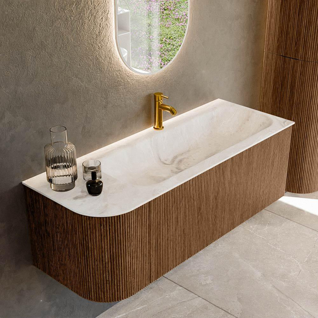 MONDIAZ KURVE-DLUX 125cm badmeubel met module 25 L kleur Walnut met 1 lade en 1 deur. Wastafel BIG MEDIUM rechts 1 kraangat kleur Frappe. KRVBGM125L1L1D1KR-Wal/Fra