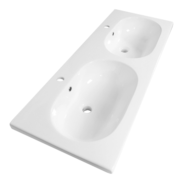 Saniclass Palermo Meubelwastafel - 120x47x3.5cm - overloop - 2 wasbakken links/rechts - 2 kraangaten - keramiek - wit WT-MO120-22HW