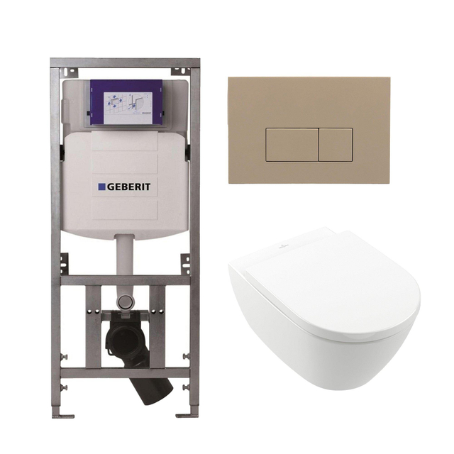 Villeroy Boch Subway 2.0 DirectFlush Toiletset - geberit reservoir - bedieningsplaat rechthoekige knoppen taupe - softclose - wit 0701131/SW1102379/0124060/ga26028/