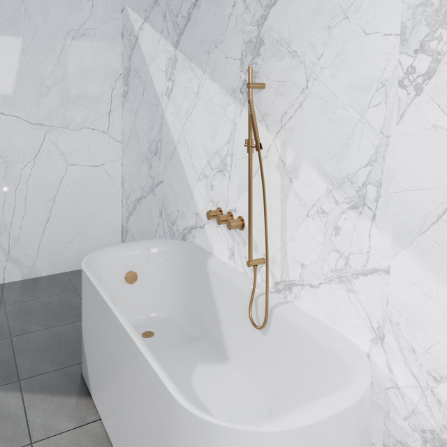 Fortifura Nebbio Badcombinatie-set - thermostaatkraan - glijstang met geïntegreerde wandaansluitbocht - gladde doucheslang - staaf handdouche - badvulcombinatie - geborsteld messing PVD (goud) SW1183067 SW1111531 SW728176 SW720570 SW1108811SW1