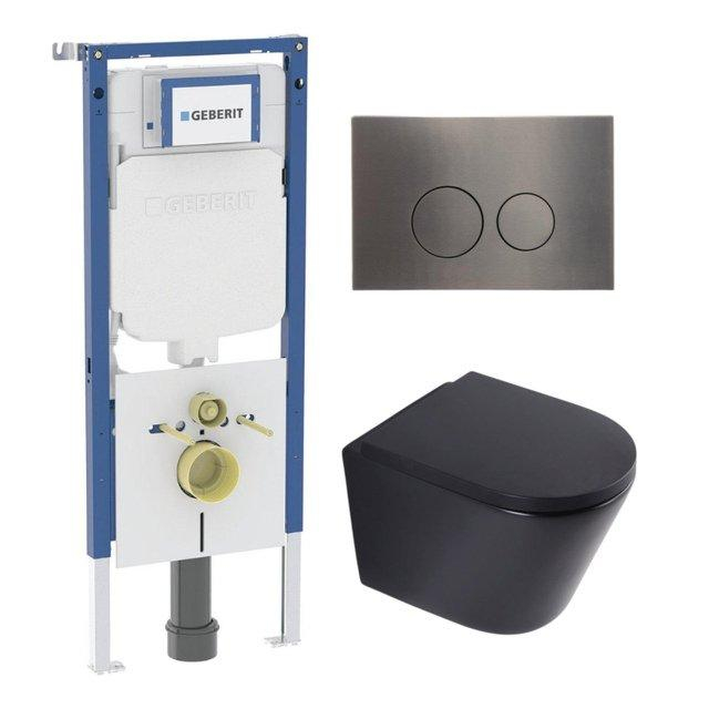 Geberit QeramiQ Dely Toiletset - 36.3x51.7cm - diepspoel - rimless -  UP720 inbouwreservoir - softclose toilet zitting 35 mm - gunmetal bedieningsplaat - ronde knoppen - mat zwart SW1026253/SW1000769/S