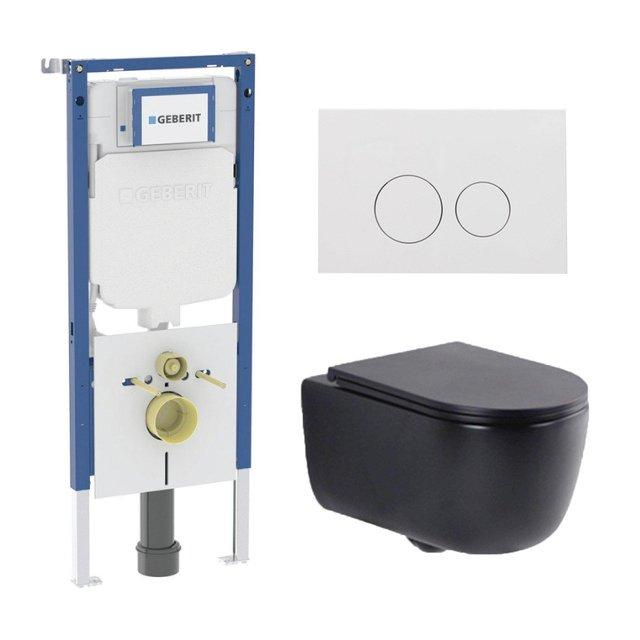 Geberit QeramiQ Dely Swirl Toiletset - 36.3x51.7cm -  UP720 Duofix Sigma inbouwreservoir - slim zitting - glans witte bedieningsplaat - ronde knoppen - mat zwart SW1237202/SW706186/SW1000768/SW1026258