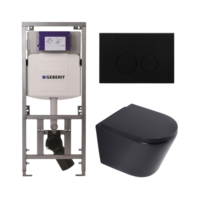 QeramiQ Dely Toiletset - 36.3x51.7cm - diepspoel - rimless - Geberit UP320 inbouwreservoir - softclose toilet zitting 35 mm - metaal mat zwarte bedieningsplaat - ronde knoppen - mat zwart SW1026253/SW1000769/0701131/SW706192