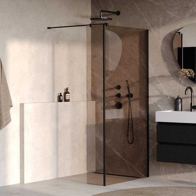 Brauer Oblivion Inloopdouche - 100x200cm - 30 cm zijwand - glascoating - brons glas - mat zwart GS-OBI2B10030200MZ