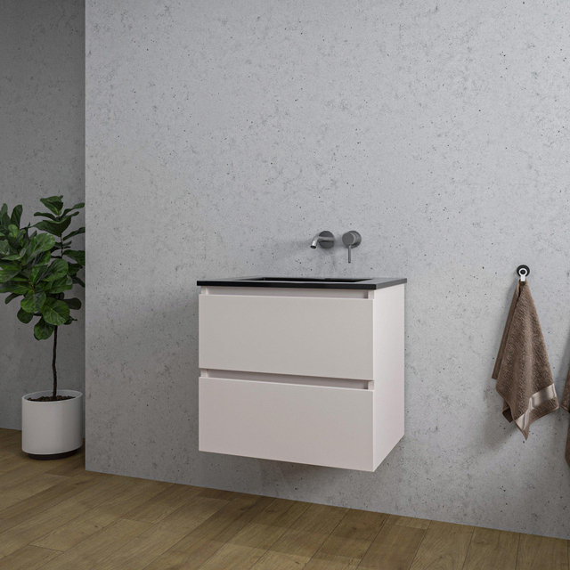 Adema Chaci Badkamermeubelset - 60x46x57cm - 1 keramische wasbak zwart - zonder kraangaten - 2 lades - mat cotton (beige) SW1212761/SW773930