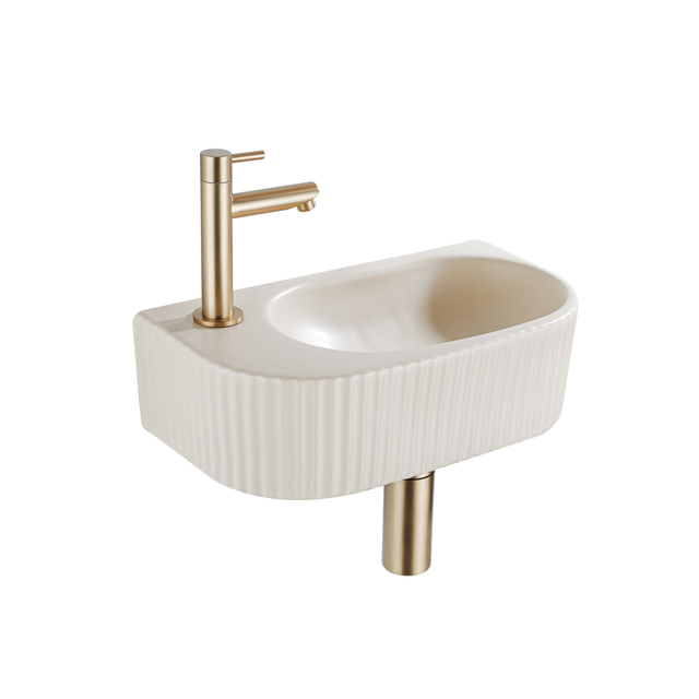 QeramiQ Fuente Fonteinset - 40x21.5x12cm - links - geribbeld - halfrond - 1 kraangat - keramiek - fonteinkraan geborsteld messing - afvoerplug - verlaagd sifon - beige SW1209549/SW696208/SW696218/SW696238