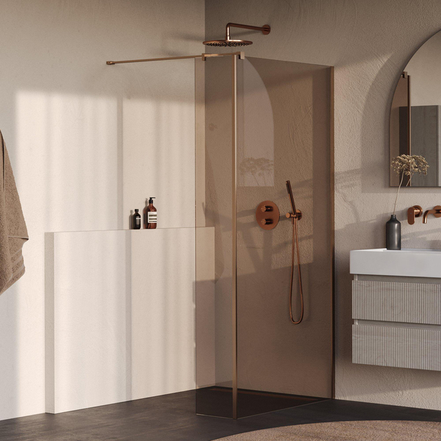 Brauer Oblivion Inloopdouche - 90x200cm - 30 cm zijwand - glascoating - brons glas - geborsteld koper PVD GS-OBI2B9030200GK