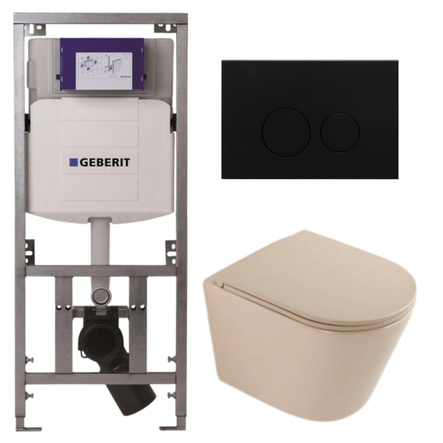 QeramiQ Dely Toiletset - 36.3x51.7cm - diepspoel - rimless - Geberit UP320 inbouwreservoir - softclose toilet zitting - metaal mat zwarte bedieningsplaat - ronde knoppen - mat beige SW1000764/SW1000770/0701131/SW706192