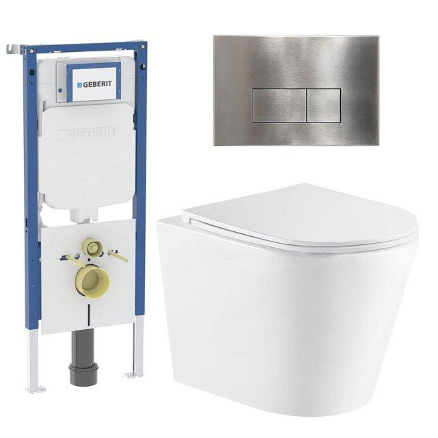 Geberit QeramiQ Dely Toiletset - 36.3x51.7cm - diepspoel - rimless -  UP720 inbouwreservoir - softclose toiletzitting - steel bedieningsplaat - rechtehoekige knoppen - wit glans SW1159504/SW1237202/SW1