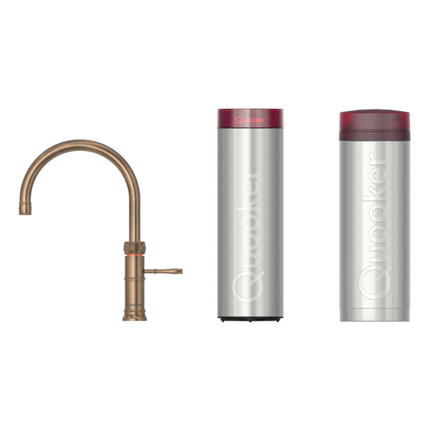 Quooker Classic Fusion Round kokendwaterkraan - draaibare uitloop - PRO3 incl. Cube reservoir - Warm / kokend / bruisend / gefilterd water - Messing patina 3CFRPTN-CUBE