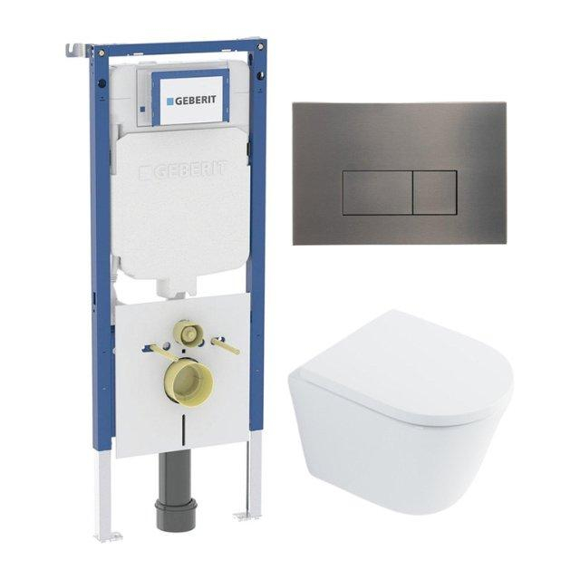 Geberit QeramiQ Dely Toiletset - 36.3x51.7cm - diepspoel - rimless -  UP720 inbouwreservoir - softclose toilet zitting 35 mm - gunmetal bedieningsplaat - rechthoekige knoppen - wit glans SW1026255 / SW