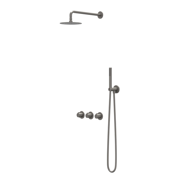 IVY Pact Regendoucheset - inbouw - symmetry - 2 stopkranen - 30cm plafondbuis - 25cm slim hoofddouche - glijstang met uitlaat - 150cm doucheslang - staafmodel handdouche - Geborste
