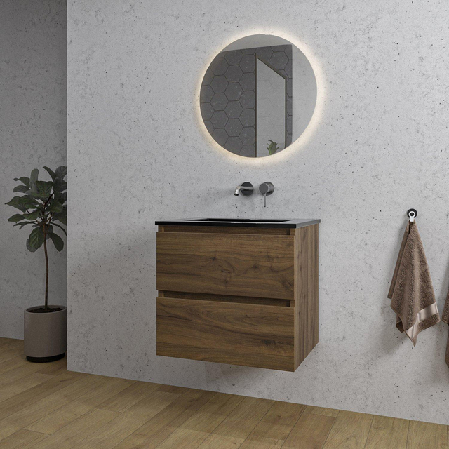 Adema Chaci Badkamermeubelset - 60x46x57cm - 1 keramische wasbak zwart - zonder kraangaten - 2 lades - ronde spiegel met verlichting - noten (hout) SW1212758/SW773930/SW108325