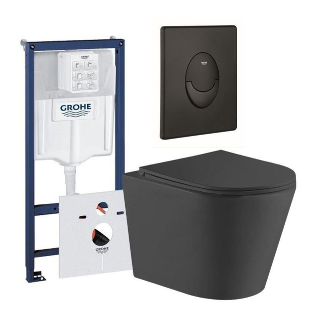 QeramiQ Dely Toiletset Grohe inbouwreservoir mat zwarte bedieningsplaat ovaal toilet zitting mat zwa
