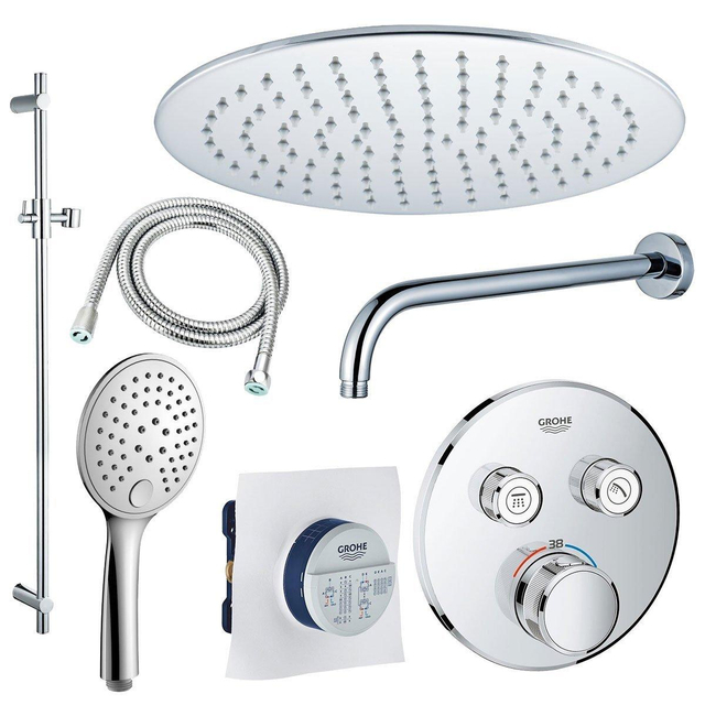 Grohe - Adema Rise Regendoucheset - Inbouw - 2 functies - met Adema Rise hoofddouche 25cm - ronde handdouche - wandarm - glijstang 90 cm - Grohe Grohtherm inbouwthermostaat - chroom sw105953 SW104917�