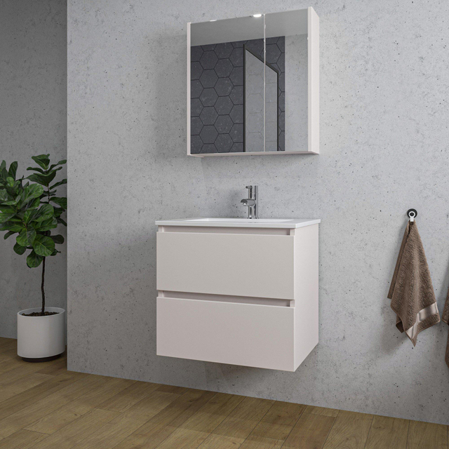 Adema Chaci Badkamermeubelset - 60x46x57cm - 1 keramische wasbak wit - 1 kraangat - 2 lades - Spiegelkast - mat cotton (beige) SW1212815/SW1212761/SW892634/SW804530