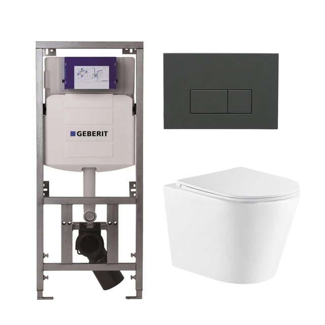 Geberit QeramiQ Dely Toiletset - 36.3x51.7cm - diepspoel - rimless -  UP320 inbouwreservoir - met Burda frame - softclose toiletzitting - bedieningsplaat antraciet mat - rechtehoekige knoppen - wit gla