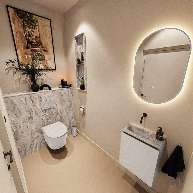 MONDIAZ TURE-DLUX 40cm toiletmeubel Linen. EDEN wastafel Glace positie links. Zonder kraangat. TUREDX40LINL0GLA