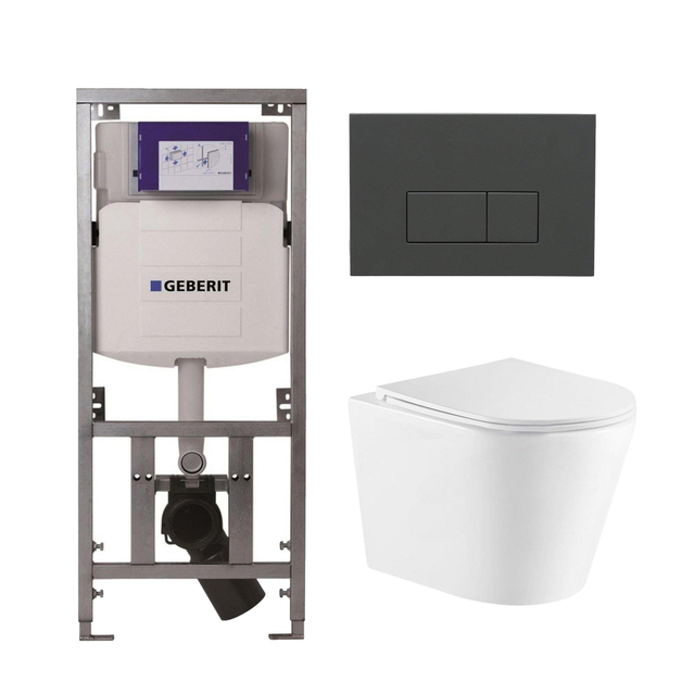 QeramiQ Dely Toiletset - 36.3x51.7cm - diepspoel - rimless - Geberit UP320 Burda inbouwreservoir - softclose toiletzitting - bedieningsplaat antraciet mat - rechthoekige knoppen - wit mat SW543432/0701131/SW1102377