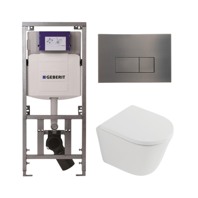 QeramiQ Dely Toiletset - 36.3x51.7cm - diepspoel - rimless - Geberit UP320 inbouwreservoir - softclose toilet zitting 35 mm - gunmetal bedieningsplaat - rechthoekige knoppen - mat wit SW1026254/SW1000767/0701131/SW706199