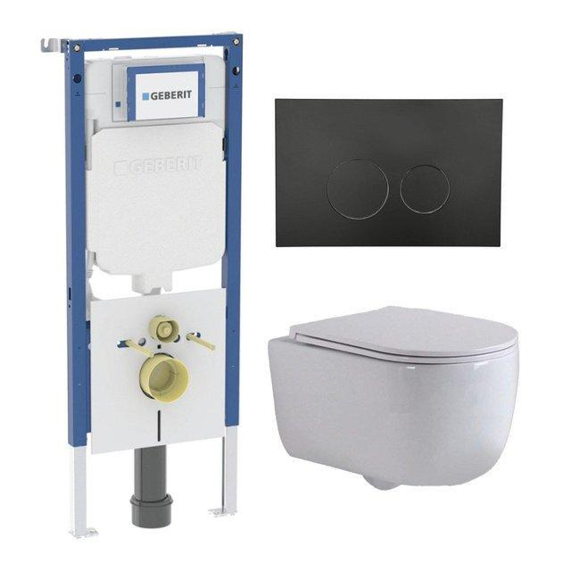 Geberit QeramiQ Dely Swirl Toiletset - 36.3x51.7cm -  UP720 Duofix Sigma inbouwreservoir - slim zitting - mat zwarte metalen bedieningsplaat - ronde knoppen - wit glans SW1237202/SW706192/SW1000766/SW1