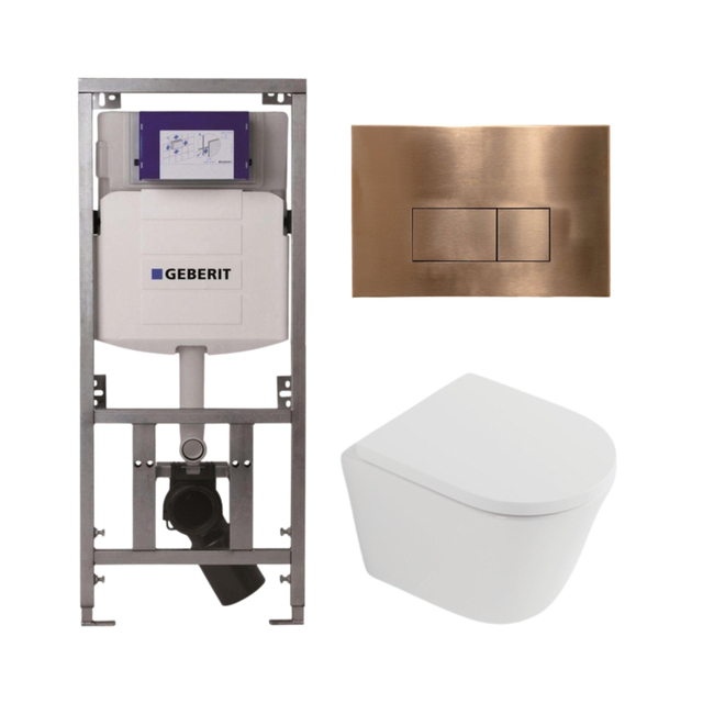 QeramiQ Dely Toiletset - 36.3x51.7cm - diepspoel - rimless - Geberit UP320 inbouwreservoir - softclose toilet zitting 35 mm - koperen bedieningsplaat - rechthoekige knoppen - mat wit SW1026254/SW1000767/0701131/SW706197