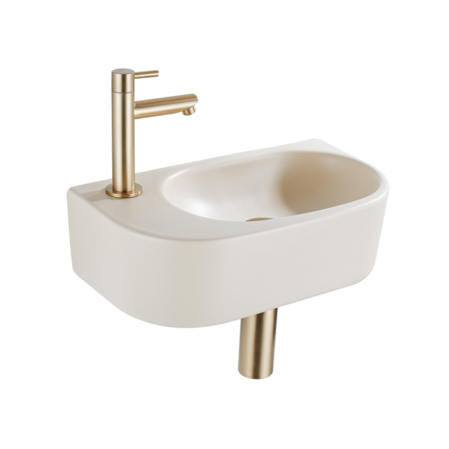 QeramiQ Fuente Fonteinset - 40x21.5x12cm - links - glad - halfrond - 1 kraangat - keramiek - fonteinkraan geborsteld messing - afvoerplug - verlaagd sifon - beige SW1209557/SW696208/SW696218/SW696238