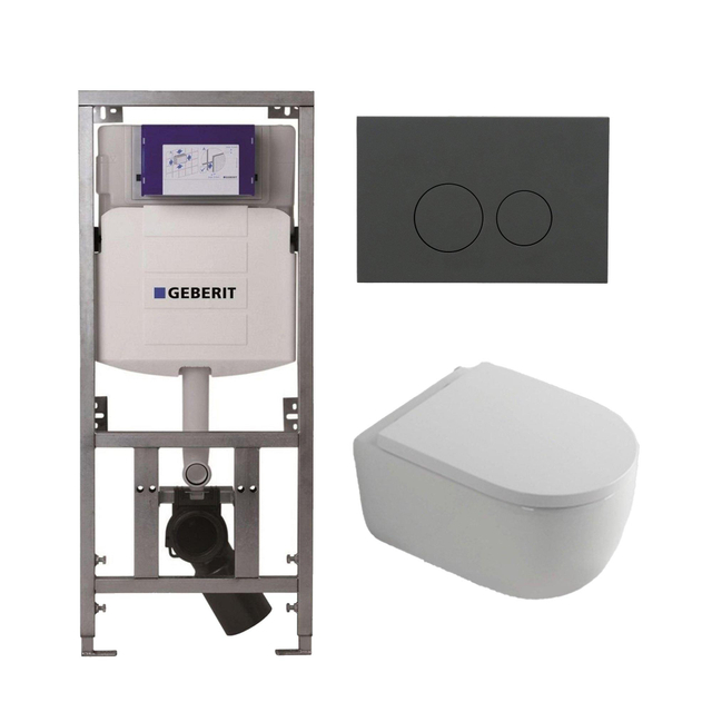 QeramiQ Dely Swirl Toiletset - 36.3x51.7cm - Geberit UP320 Burda inbouwreservoir - 35mm zitting - bedieningsplaat mat antraciet - ronde knoppen - wit glans 0701131/SW1102376/SW1000767/SW1026256
