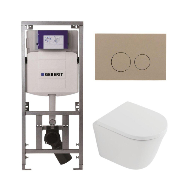 QeramiQ Dely Toiletset - 36.3x51.7cm - diepspoel - rimless - Geberit UP320 inbouwreservoir - softclose toilet zitting 35 mm - bedieningsplaat taupe - ronde knoppen - mat wit SW1026254/SW1000767/0701131/SW1102378