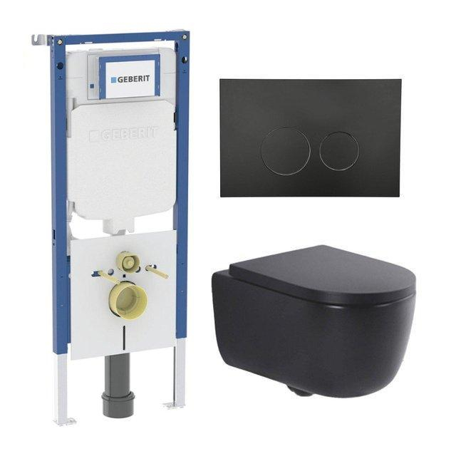 Geberit QeramiQ Dely Swirl Toiletset - 36.3x51.7cm -  UP720 Duofix Sigma inbouwreservoir - 35mm zitting - mat zwarte bedieningsplaat - ronde knoppen - mat zwart SW1237202/SW706188/SW1000769/SW1026258