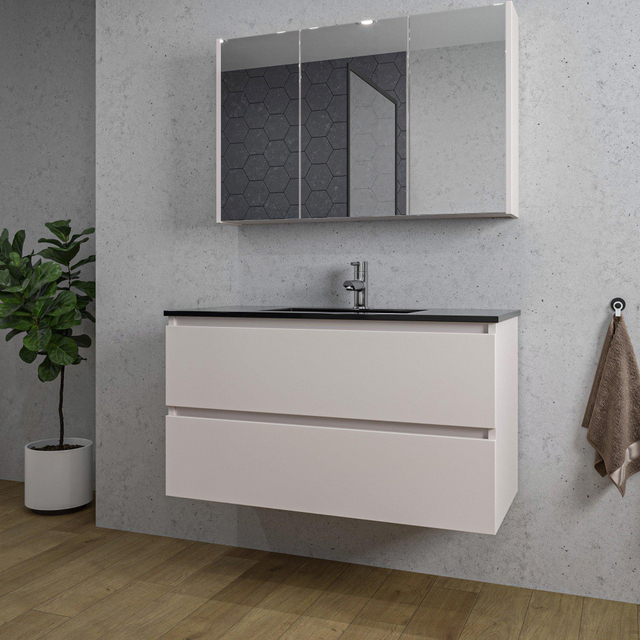 Adema Chaci Badkamermeubelset - 100x46x57cm - 1 keramische wasbak zwart - 1 kraangat - 2 lades - Spiegelkast - mat cotton (beige) SW1212775/SW1212817/SW892634/SW761656