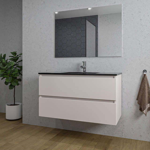 Adema Chaci Badkamermeubelset - 100x46x57cm - 1 keramische wasbak zwart - 1 kraangat - 2 lades - rechthoekige spiegel - mat cotton (beige) SW1212775/SW761656/SW724612