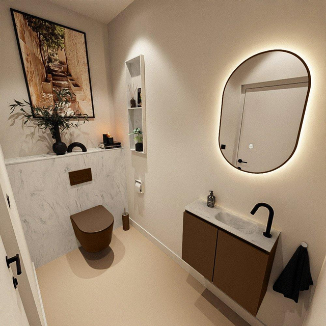 MONDIAZ TURE-DLUX 60cm toiletmeubel Rust. EDEN wastafel Opalo positie rechts. Met 1 kraangat. TUREDX60RUSR1OPA