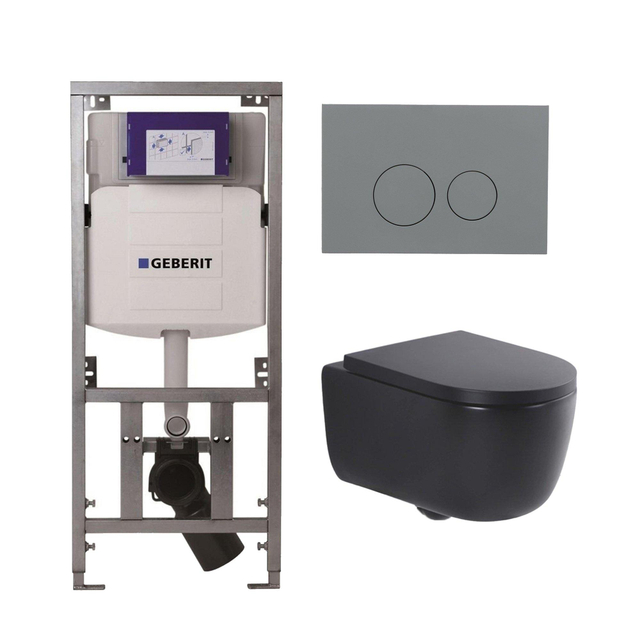QeramiQ Dely Swirl Toiletset - 36.3x51.7cm - Geberit UP320 Burda inbouwreservoir - slim zitting - bedieningsplaat licht grijs - ronde knoppen - mat zwart 0701131/SW1102374/SW1000768/SW1026258