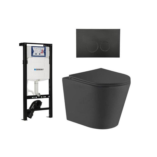 QeramiQ Dely Toiletset - 36.3x51.7cm - diepspoel - rimless - Geberit UP320 plieger inbouwreservoir - softclose toiletzitting - mat zwarte bedieningsplaat - ronde knoppen - zwart mat SW1026253/SW1381697/SW706188/SW1000768