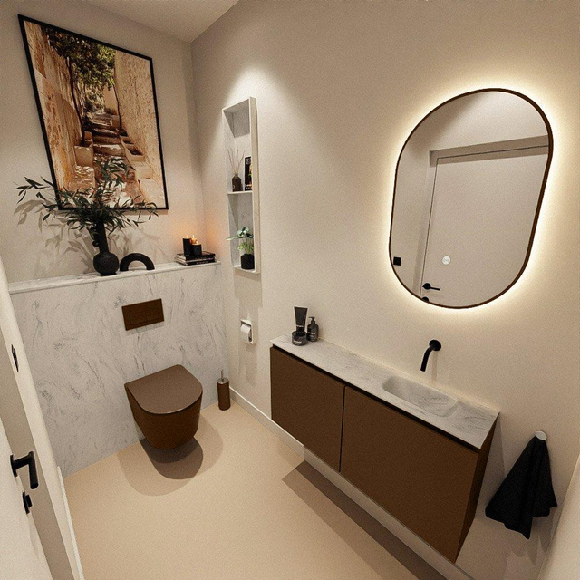 MONDIAZ TURE-DLUX 100cm toiletmeubel Rust. EDEN wastafel Opalo positie rechts. Zonder kraangat. TUREDX100RUSR0OPA