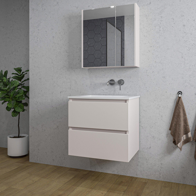 Adema Chaci Badkamermeubelset - 60x46x57cm - 1 keramische wasbak wit - zonder kraangaten - 2 lades - Spiegelkast - mat cotton (beige) SW1212761/SW1212815/SW892634/SW773925