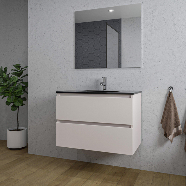 Adema Chaci Badkamermeubelset - 80x46x55cm - 1 keramische wasbak zwart - 1 kraangat - 2 lades - rechthoekige spiegel - mat cotton (beige) SW1122822/SW761655/SW724611