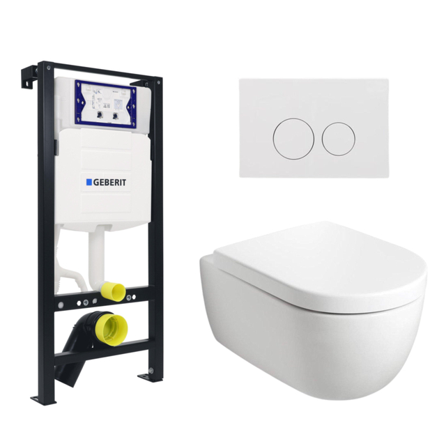 Plieger Kansas Toiletset - UP320 inbouwreservoir - wandcloset - zitting - softclose - witte bedieningsplaat - ronde knoppen - wit SW1381697/SW643424/SW706186
