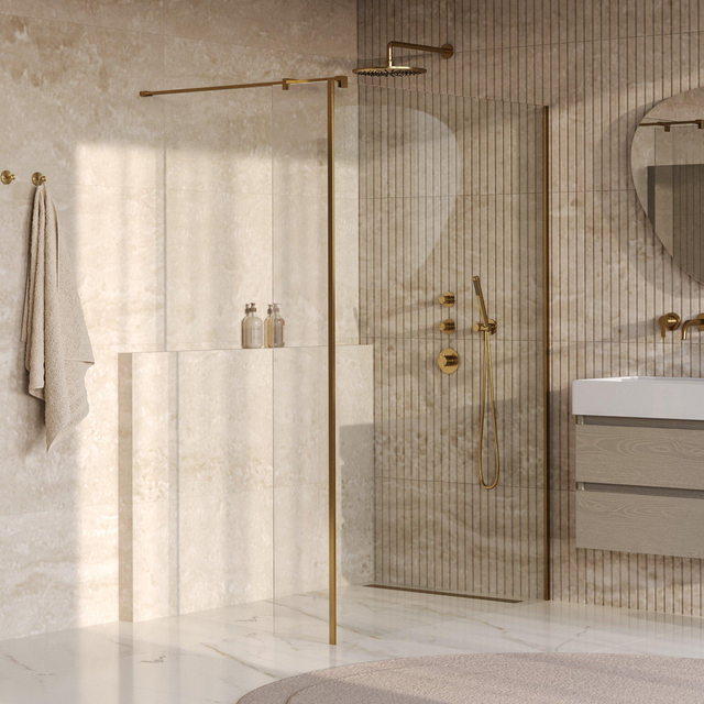 Brauer Oblivion Inloopdouche - 140x200cm - 40cm zijwand - glascoating - helder glas - geborsteld goud PVD GS-OBI2H14040200GG