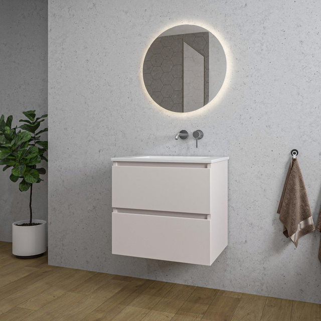 Adema Chaci Badkamermeubelset - 60x46x57cm - 1 keramische wasbak wit - zonder kraangaten - 2 lades - ronde spiegel met verlichting - mat cotton (beige) SW1212761/SW773925/SW108325