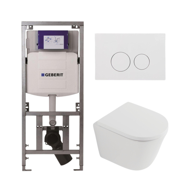 Geberit QeramiQ Dely Toiletset - 36.3x51.7cm - diepspoel - rimless - Inbouwreservoir met  UP320 spoelmechanisme - softclose toilet zitting 35 mm - glans witte bedieningsplaat - ronde knoppen - mat wit 