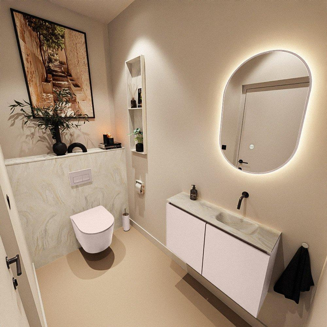 MONDIAZ TURE-DLUX 80cm toiletmeubel Rosee. EDEN wastafel Ostra positie rechts. Zonder kraangat. TUREDX80ROSR0OST